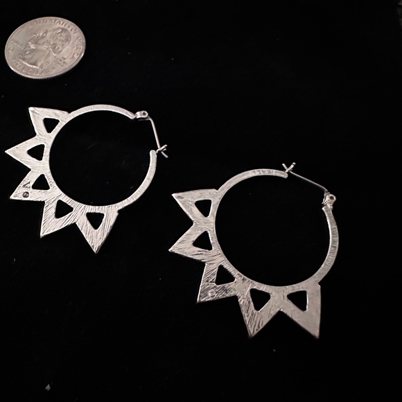 Silver Hoop Earrings with Geometric Rhinestone Design - Picture 3 of 3